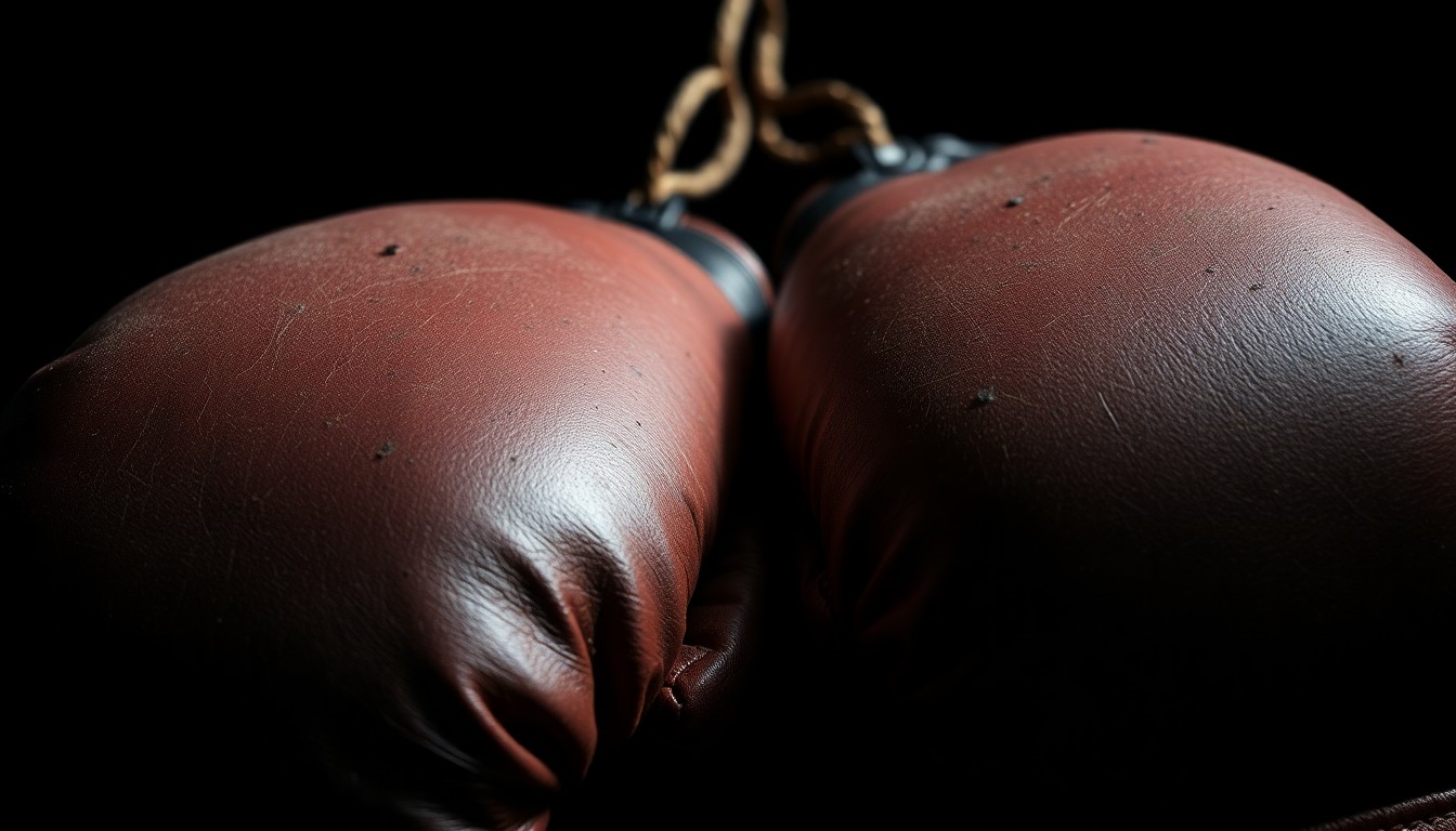 An abstract close-up photograph of worn, weathered boxing gloves in dramatic high-contrast studio lighting, conveying the physical and emotional challenges of the sport through texture and shadow.