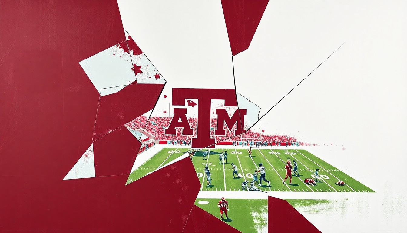 A cubist, geometric painting depicting a Texas A&M football game or practice, with overlapping planes of maroon, white, and grey representing the dynamic action on the field.