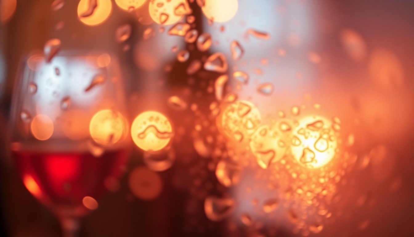 An extremely blurred, impressionistic photograph of a wine glass and bottle in soft, warm lighting, conveying the mood and atmosphere of an exclusive culinary and wine pairing event.