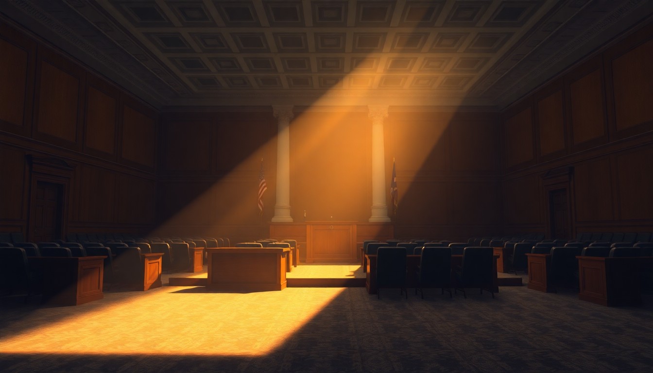A dimly lit, cinematic painting of an empty congressional hearing room, with warm light streaming in through the windows and deep shadows cast across the room, conveying a sense of political tension and the need for reform.