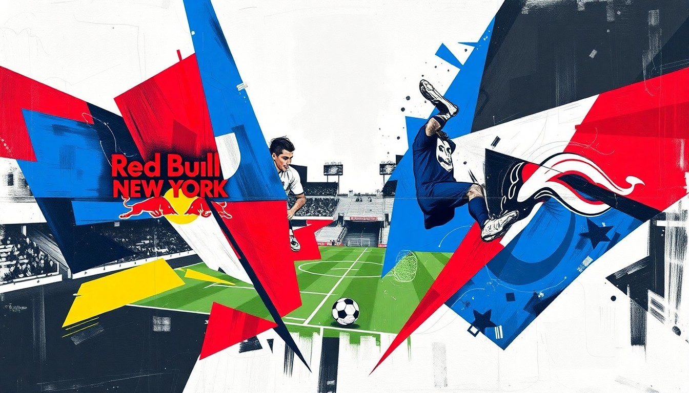 A fragmented, geometric painting in bold primary colors depicting the dynamic movements and competing perspectives of a soccer match between two teams.