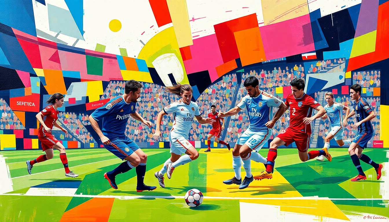 A cubist, geometric painting depicting a soccer match between two teams, with the players and field fragmented into sharp, overlapping planes of color.