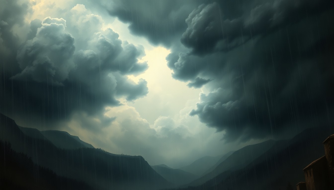 A sweeping, atmospheric landscape painting depicting a violent thunderstorm, with heavy rain and dark, swirling clouds dominating the frame and dwarfing any physical structures or objects caught within the scene.