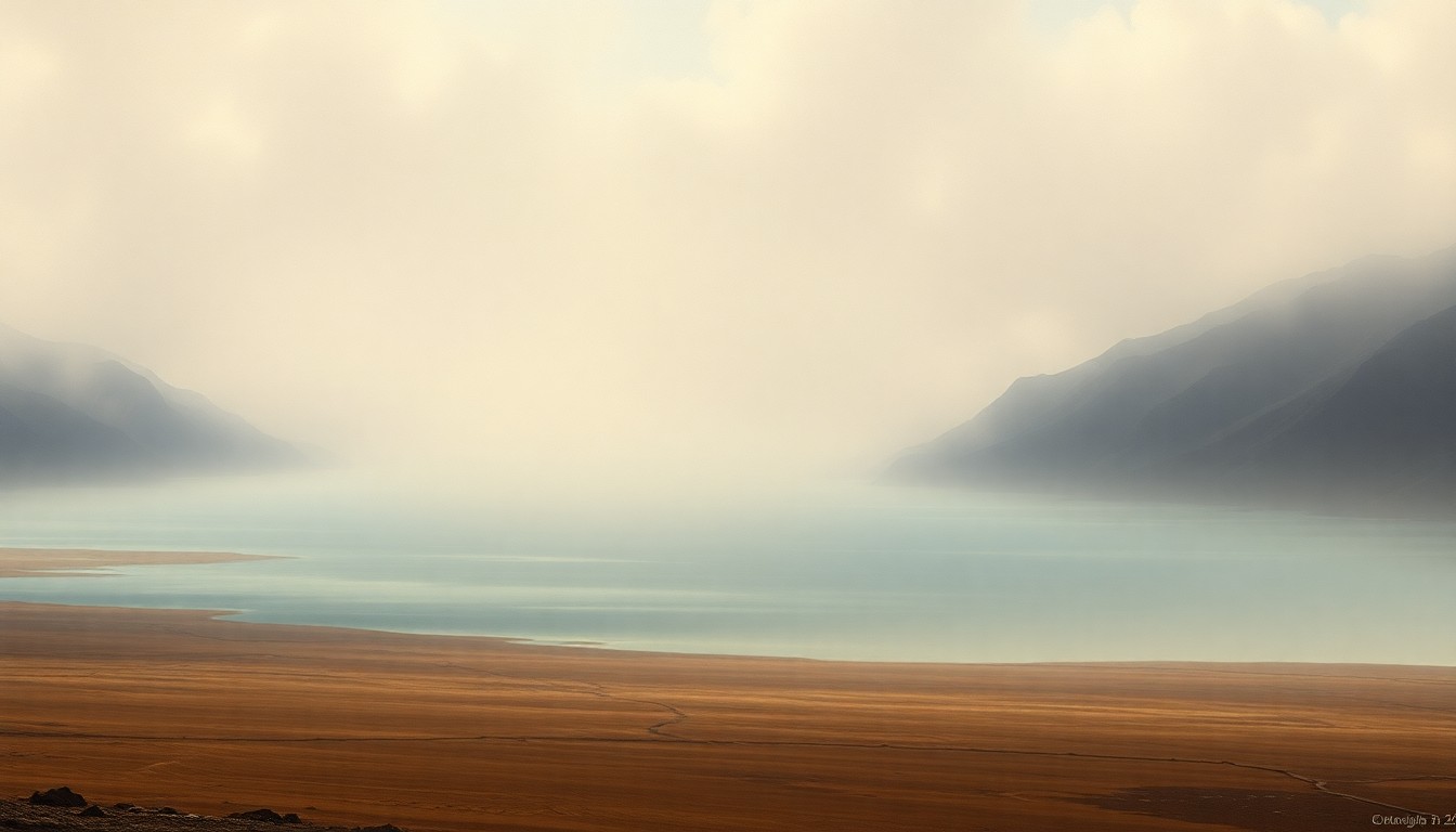 A vast, atmospheric landscape painting in muted tones of gray, blue, and green, depicting a serene lake surrounded by rolling hills shrouded in fog. The low water level and receding shoreline of the lake convey a sense of melancholy and the overwhelming scale of the natural environment.