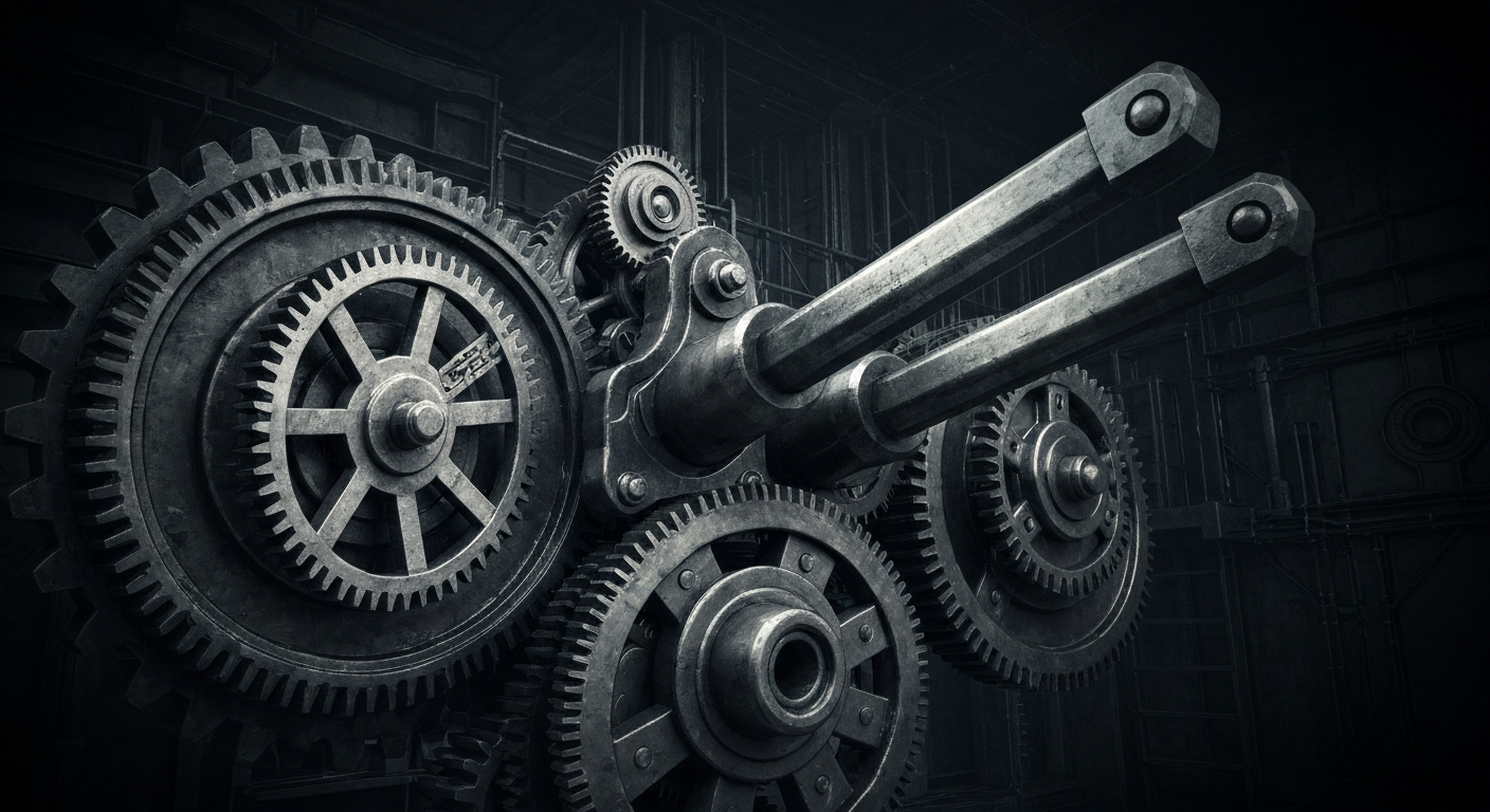 An extreme close-up of a complex network of industrial gears, levers, and mechanical components, conveying the scale and power of Amazon's cloud computing operations that are propelling the company's financial performance.