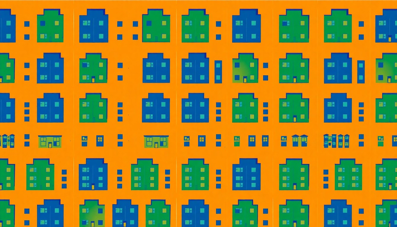 A bold, colorful silkscreen-style illustration featuring a repeating icon of a simple apartment building in shades of blue, green, and orange, conveying the concept of an affordable housing community.