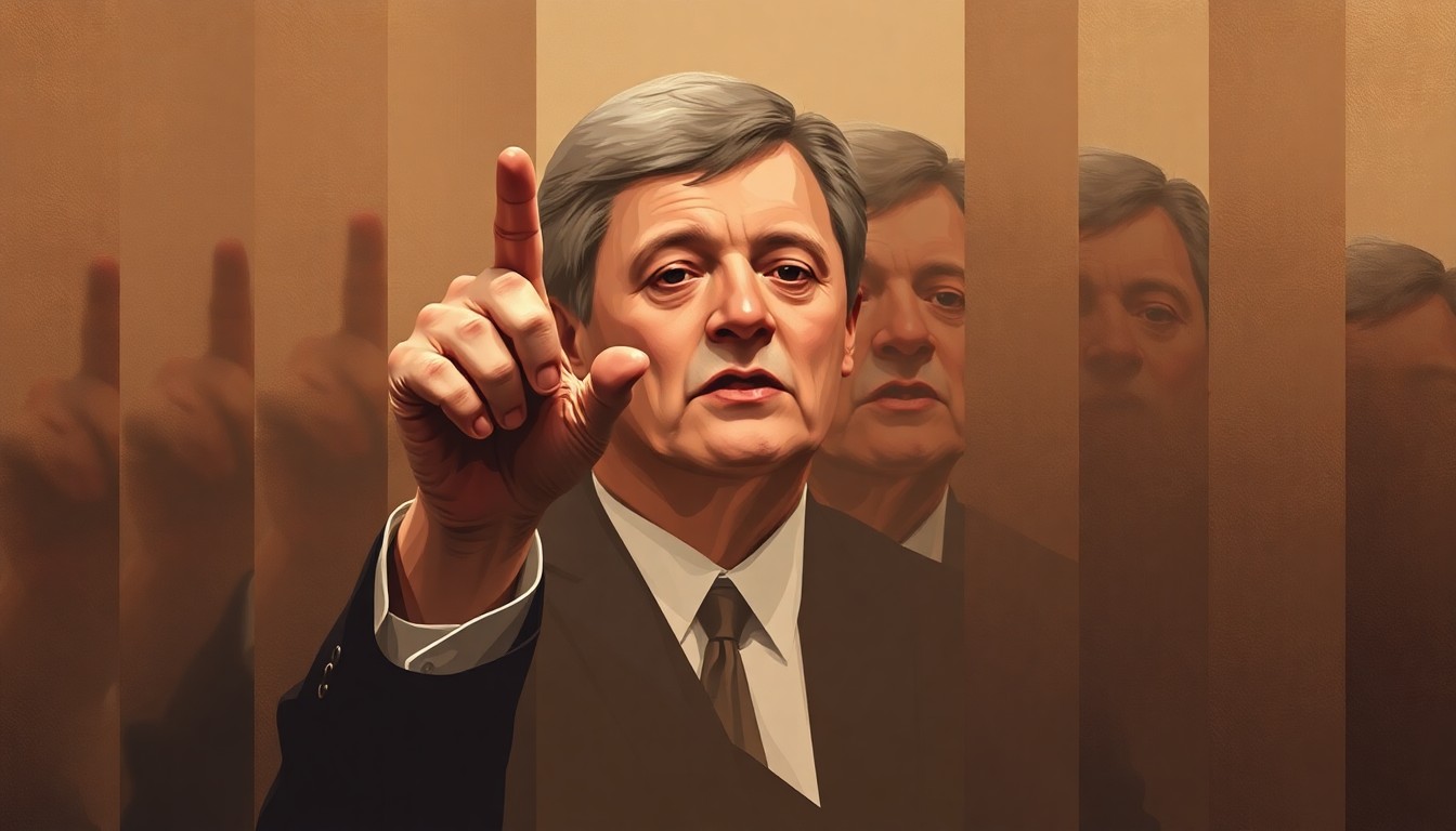 A dynamic, abstract painting of a politician's hand gesturing, repeated in overlapping geometric shapes and waves of muted earth tones, conveying a sense of political turmoil and fragmentation.