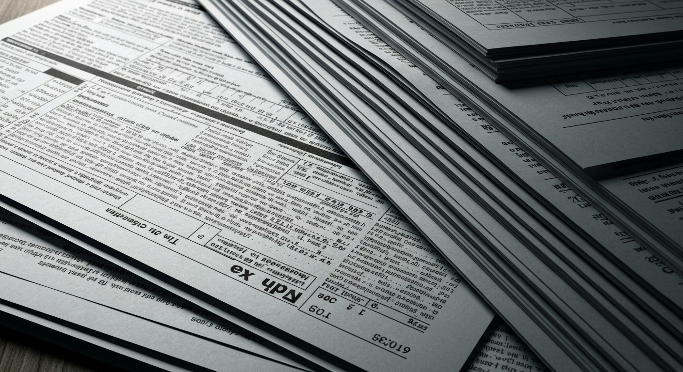An extreme close-up of a stack of tax forms and financial documents, with heavy shadows and dramatic lighting, conveying the complexity and gravity of the tax season.