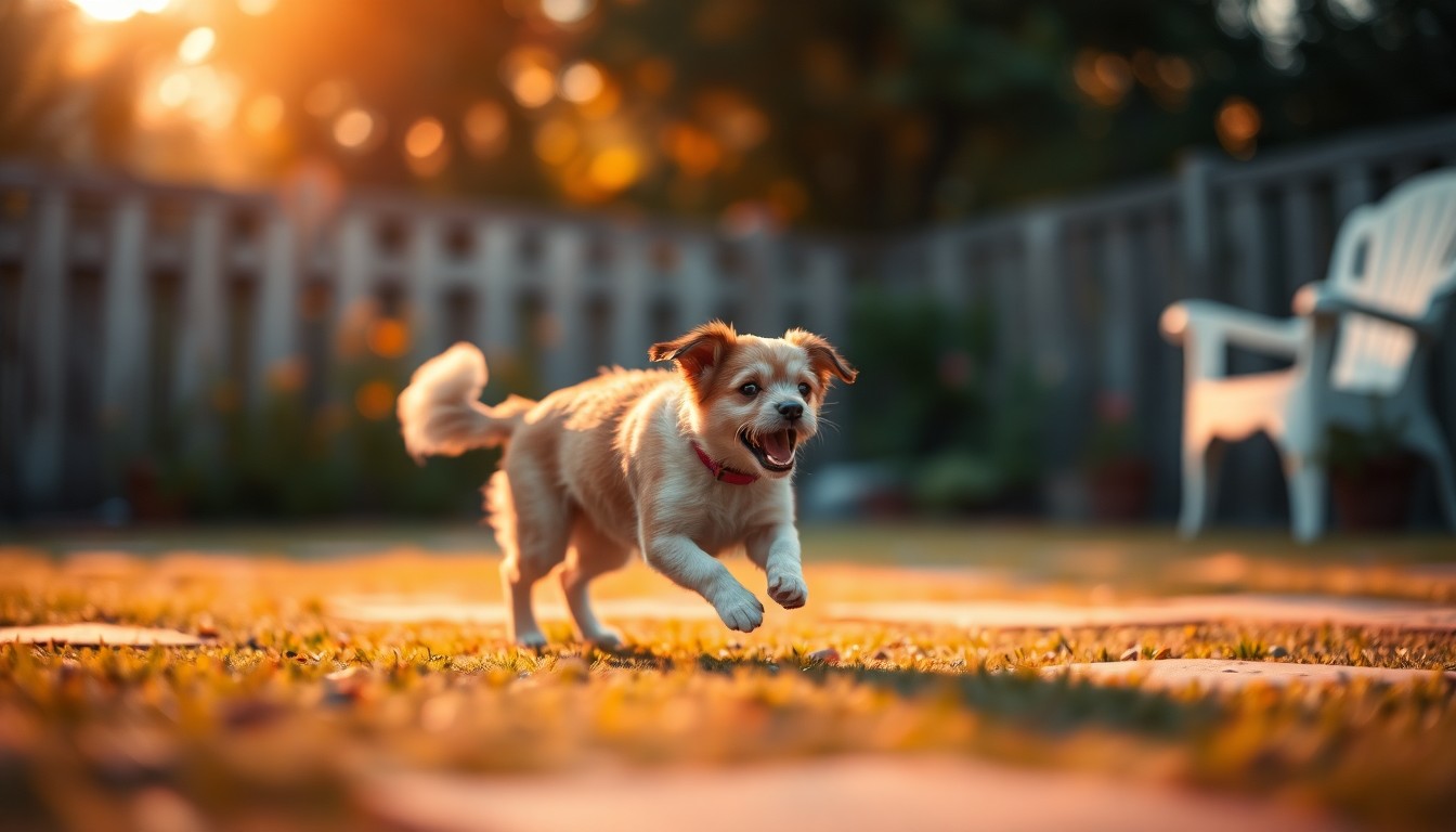 An abstract, impressionistic photograph of a pet playing in a backyard, with soft, blurred edges and warm, vibrant colors creating a sense of joy and movement.