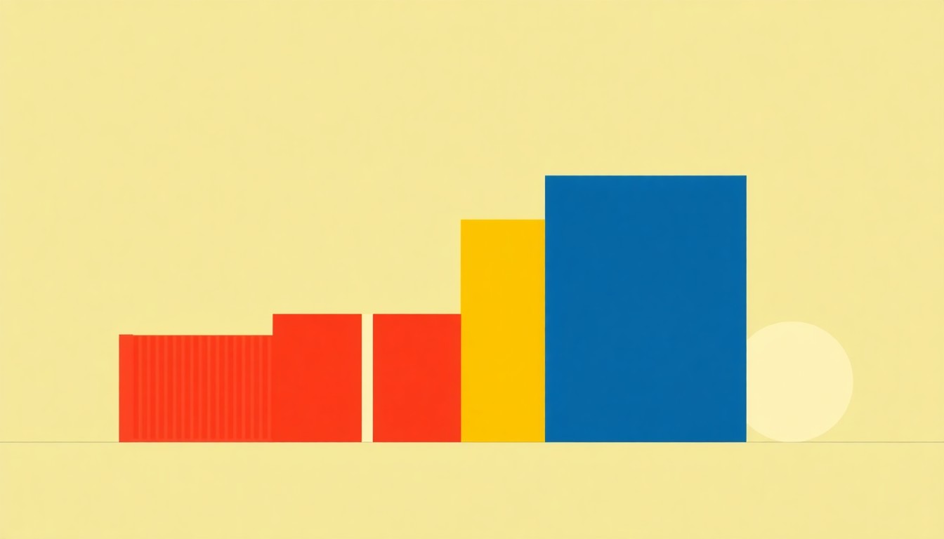An abstract illustration using bold geometric shapes in primary colors to conceptually represent the dynamics of import price inflation and its impact on the broader economy.