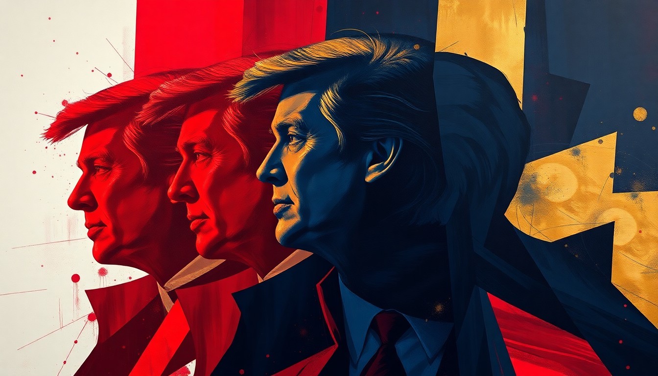 An abstract, fragmented painting featuring the silhouette of a politician repeated in overlapping, geometric patterns of deep red, navy blue, and gold, conveying a sense of political tension and dynamism.