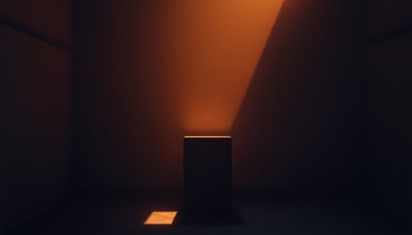 A dimly lit, cinematic painting of a lone ballot box sitting on a wooden table, the box's metallic surface reflecting the warm glow of sunlight streaming in through a nearby window. The scene evokes a sense of quiet contemplation and the weight of the democratic process.