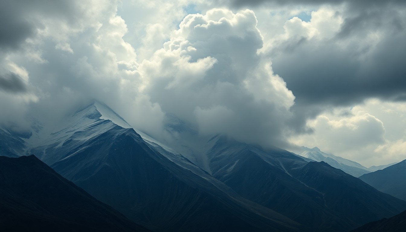 A sweeping, atmospheric landscape painting depicting a snow-capped mountain range partially obscured by dramatic clouds and mist, conveying the overwhelming scale and power of the natural environment.
