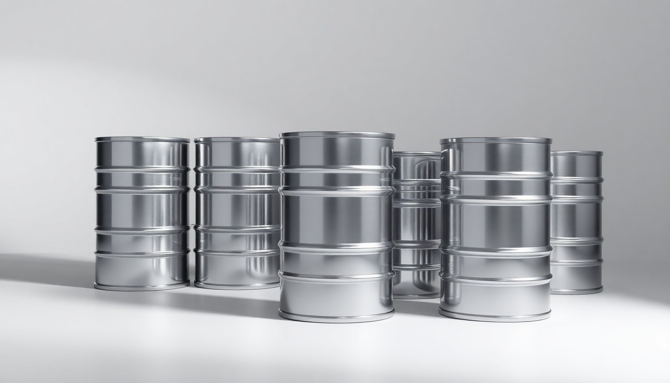 A photorealistic studio still life featuring a group of shiny metal oil barrels in various shades of gray, arranged elegantly on a clean white background with dramatic lighting and deep shadows, conceptually representing the abstract financial and strategic risks of the oil industry.