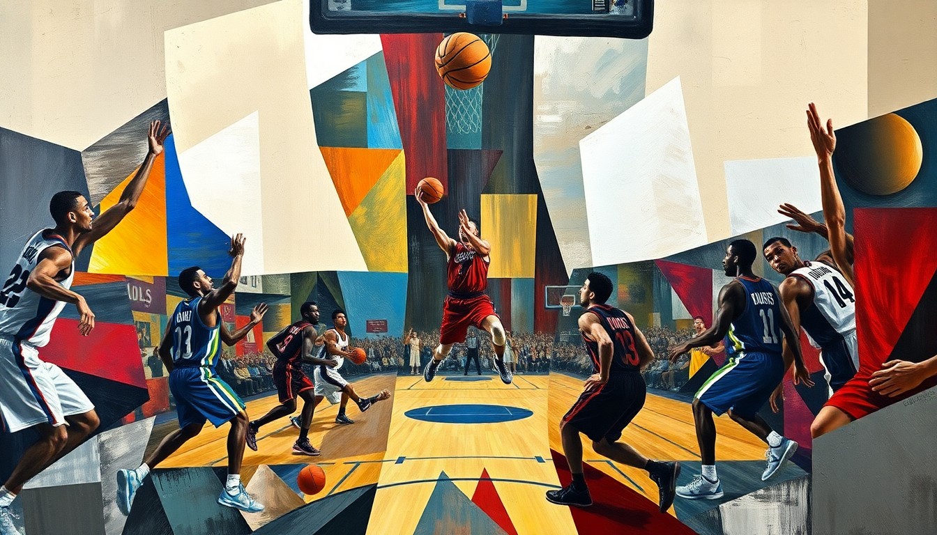 A fractured, geometric painting depicting the abstract forms and overlapping planes of basketball players in motion, conveying the dynamic nature of the sport.