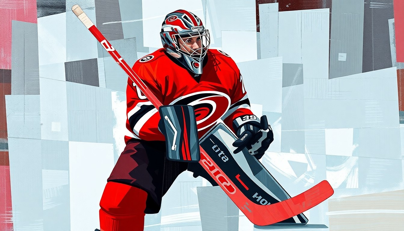 A fractured, cubist-style painting depicting a hockey goaltender making a save, with the player's form broken down into sharp, overlapping geometric shapes in the Hurricanes' team colors of red, black, and white.