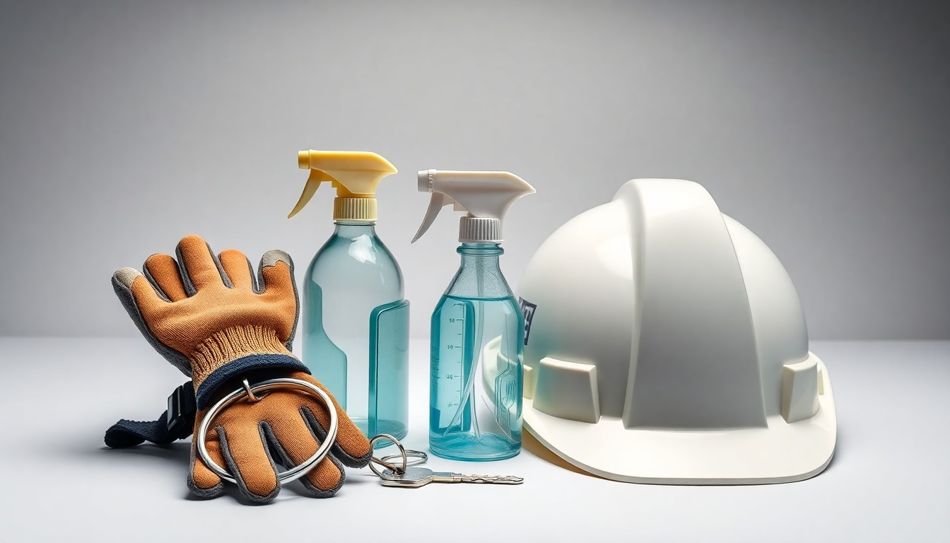 A high-end, photorealistic studio still-life photograph featuring a collection of premium, polished objects representing the tools and materials used by building service workers, including a sturdy work glove, a metal key ring, a cleaning spray bottle, and a hard hat, arranged elegantly on a clean, monochromatic background and using dramatic lighting to symbolize the importance of their labor.
