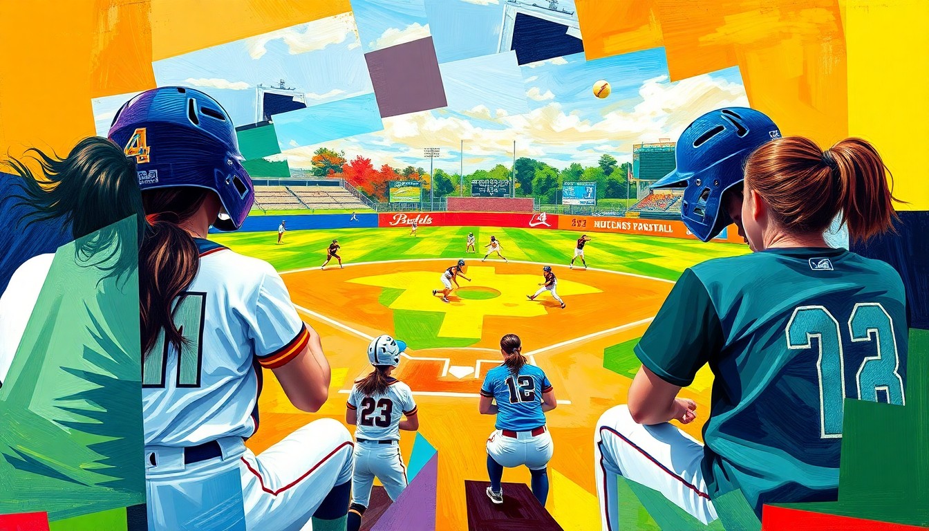 A fragmented, geometric painting in bold colors depicting the dynamic movements and energy of a softball game, with no recognizable figures or details.