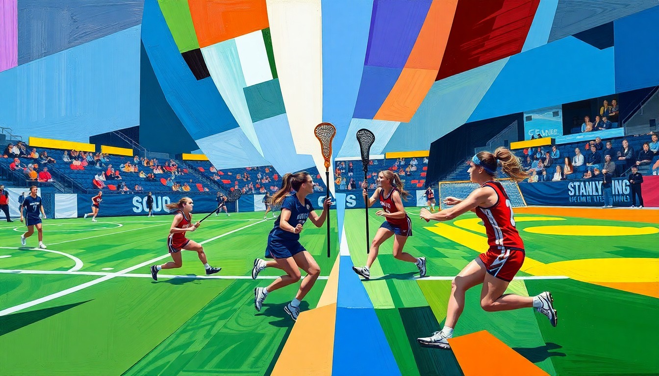 A cubist, geometric painting depicting a women's lacrosse game, with sharp, overlapping planes of color representing the players, field, and action of the match.