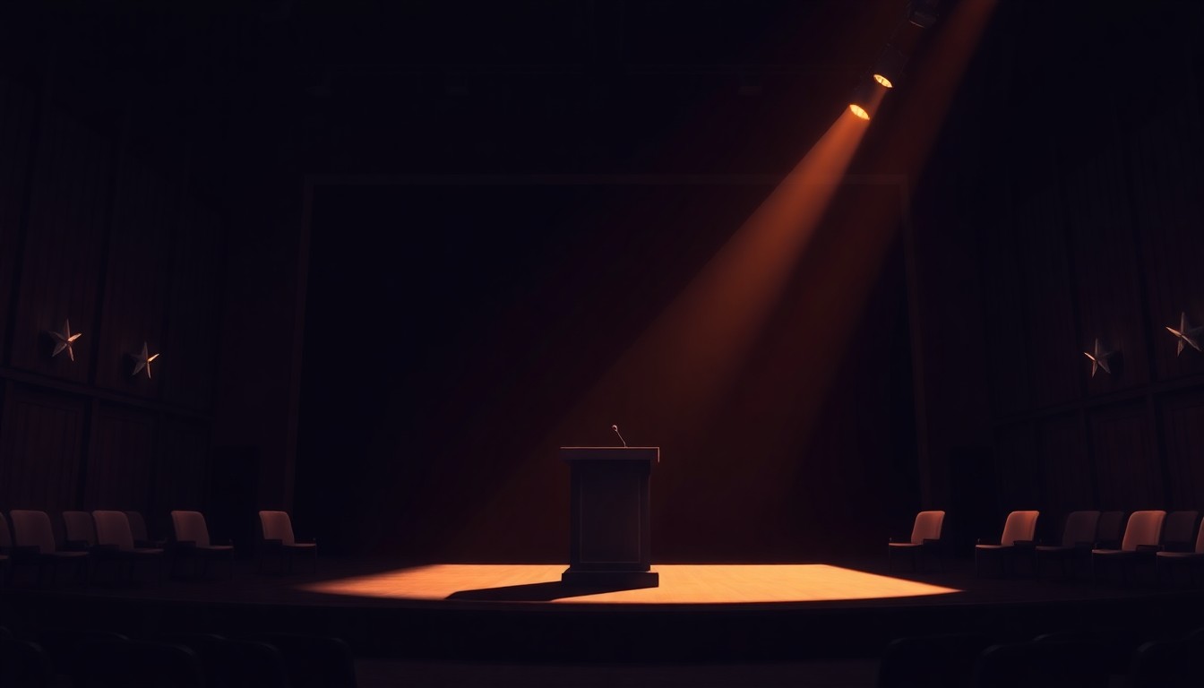A dimly lit, cinematic painting of a solitary podium in a political debate hall, with warm diagonal sunlight and deep shadows creating a contemplative, nostalgic mood.