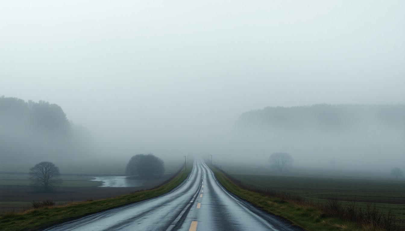 A sweeping, atmospheric landscape painting in muted tones of gray, blue, and green, depicting a flooded rural road winding through a vast, foggy countryside, conveying the overwhelming scale and power of the natural environment.