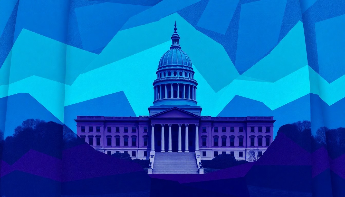 A dynamic, fragmented painting depicting the New York State Capitol building in Albany, with the structure repeated in overlapping geometric shapes and vibrant blue, teal, and violet hues, conveying the complex and fractured nature of the state budget negotiations.