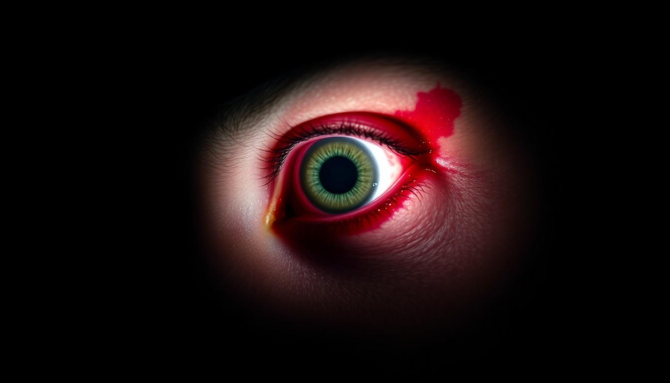 An extreme close-up of a severely injured police officer's eye, with burst blood vessels and a cut, captured in stark, dramatic lighting to convey the seriousness and intensity of the incident.