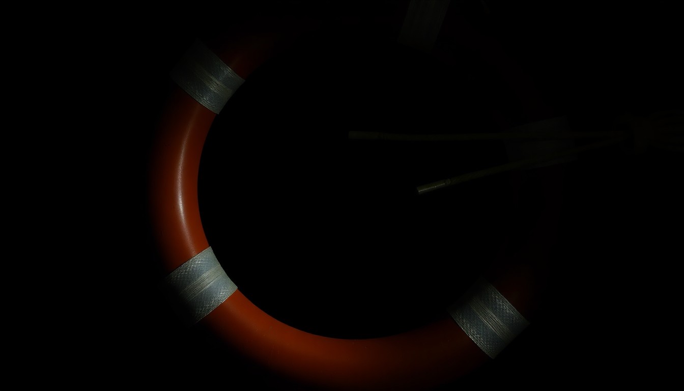 An extreme close-up photograph of a life preserver, its textured surface and bright orange color standing out against the stark black background, conveying a sense of urgency and investigation surrounding the disappearance.