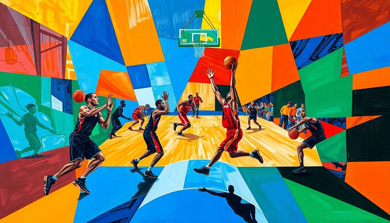 A fractured, cubist-style painting depicting a basketball game, with the players' figures broken down into overlapping geometric shapes and planes of bold, contrasting colors like blue, orange, and green, capturing the dynamic energy of the playoffs.