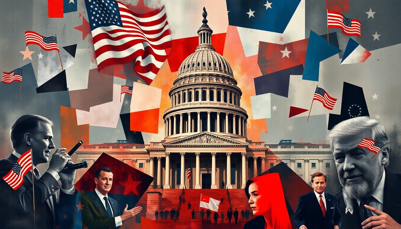 A vibrant, fractured painting depicting the U.S. Capitol building, government officials, and partisan symbols in a chaotic, high-energy style, conceptually representing the political tensions and partisan divisions behind the ongoing government shutdown.