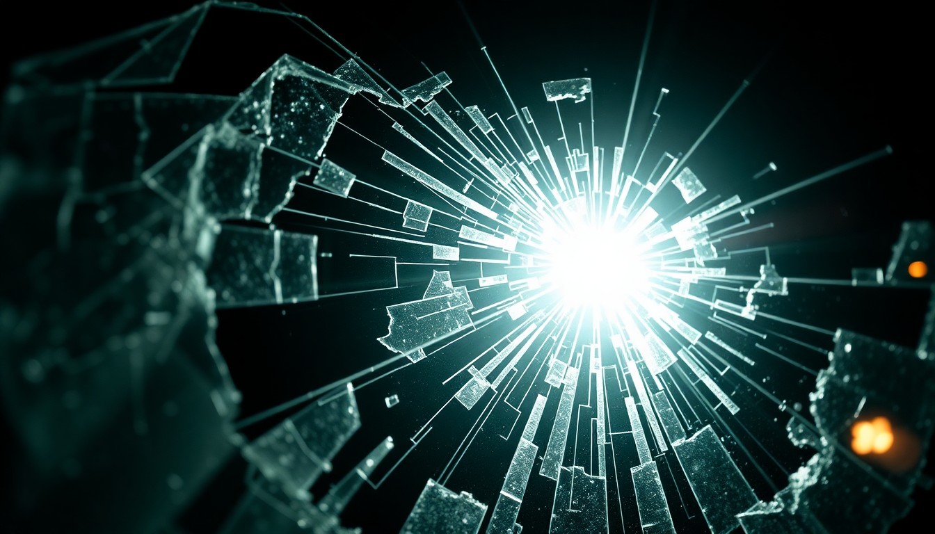 An extreme close-up of a shattered car window reflecting a single bright flash of light, conceptually representing the violent attack on a ride-share driver.
