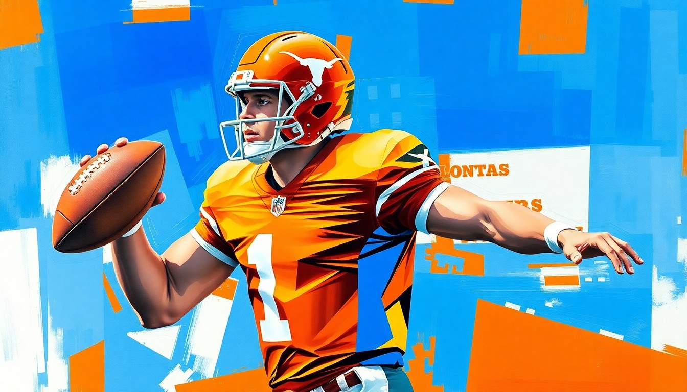 A cubist, geometric painting depicting a football quarterback in motion, with sharp, overlapping planes of burnt orange and royal blue representing the Texas Longhorns.