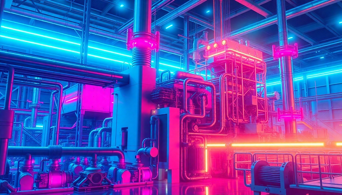 A highly detailed, glowing 3D illustration of a massive, futuristic power plant or energy generation facility, with neon cyan and magenta lights illuminating the complex machinery and infrastructure, conceptually representing the immense scale and technological sophistication required to power the pursuit of artificial general intelligence.
