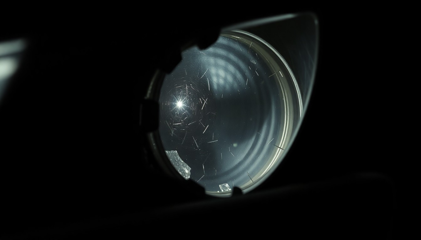 An extreme close-up of a shattered car sensor lens reflecting a faint red light, conceptually illustrating the vandalism of self-driving cars.