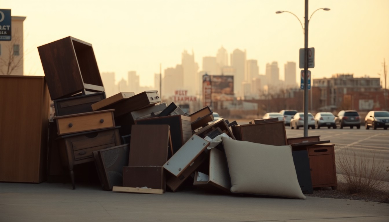 An abstract, out-of-focus photograph showing a pile of discarded furniture on a Denver sidewalk, with the city skyline visible in the background, conceptually representing the abundance of free curbside finds in the Mile High City.