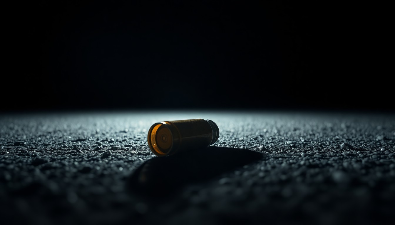 An extreme close-up photograph of a spent bullet casing on asphalt, lit by a harsh, direct camera flash against a pitch-black background, conceptually representing the gritty aftermath of a drive-by shooting incident.