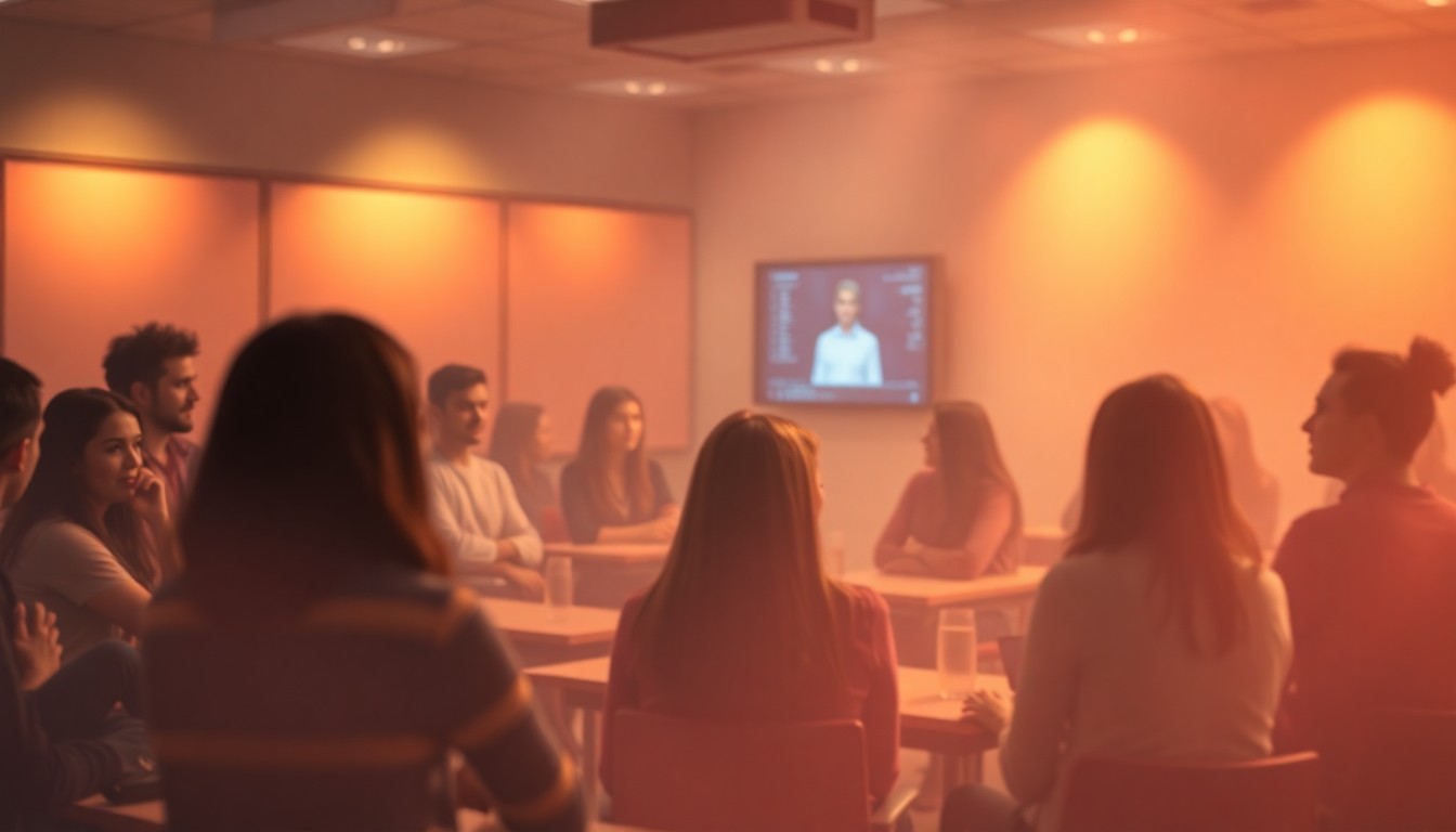An abstract, out-of-focus scene of students gathered in a university classroom, discussing film festival programming and curation, with warm pools of light and color creating a dreamlike, atmospheric mood.