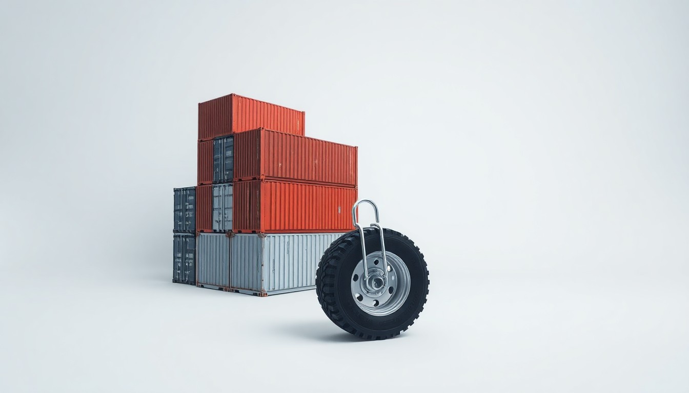 A minimalist studio still life featuring a stack of shipping containers, a truck tire, and a cargo container lock, symbolizing the logistics and transportation challenges faced by J.B. Hunt Transport Services.