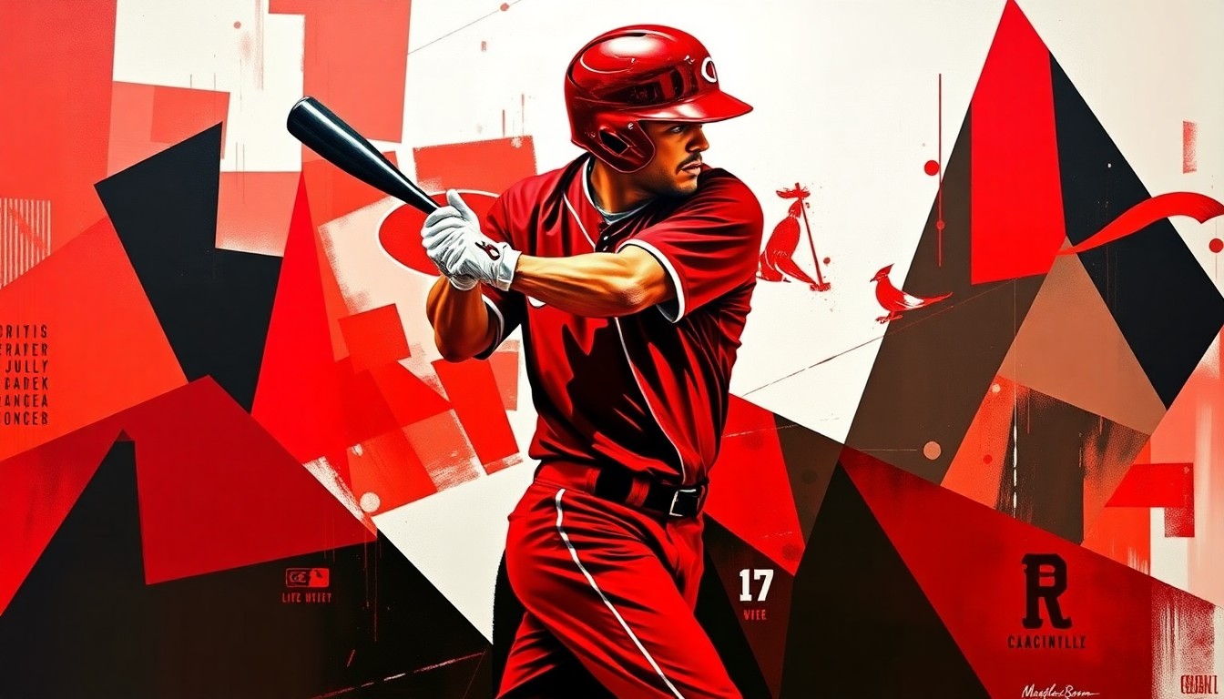 A cubist, geometric painting depicting the explosive motion of a baseball player's swing, with sharp, overlapping planes of red, black, and white representing the raw power and athleticism of the moment.