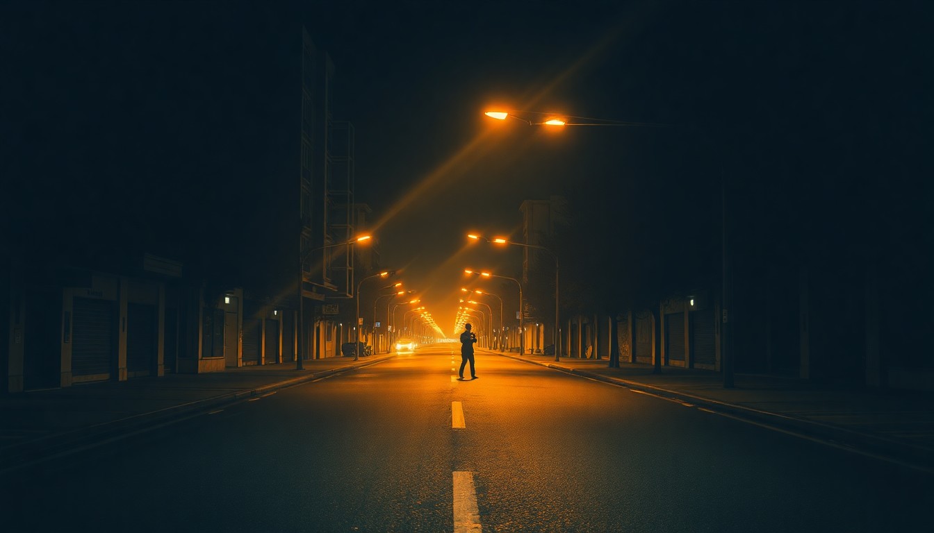 A quiet, cinematic painting of a lone figure holding a camera on an empty city street, bathed in warm, diagonal streetlights and deep shadows, conceptually representing the aftermath of a confrontation between protesters and federal agents.