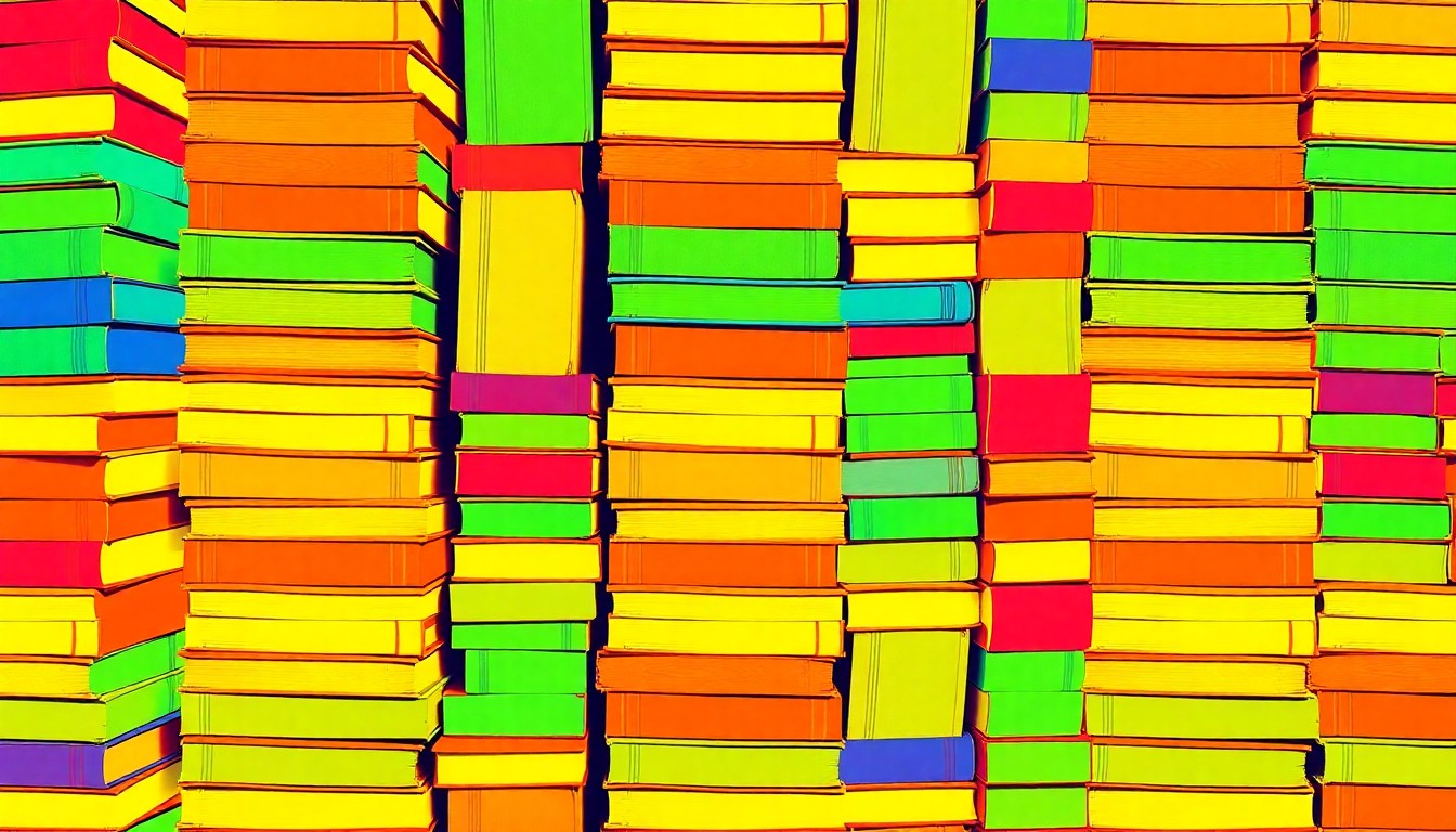 A bold, graphic illustration of a repeating pattern of colorful book stacks, capturing the celebratory energy of independent bookstores coming together to promote their diverse offerings.