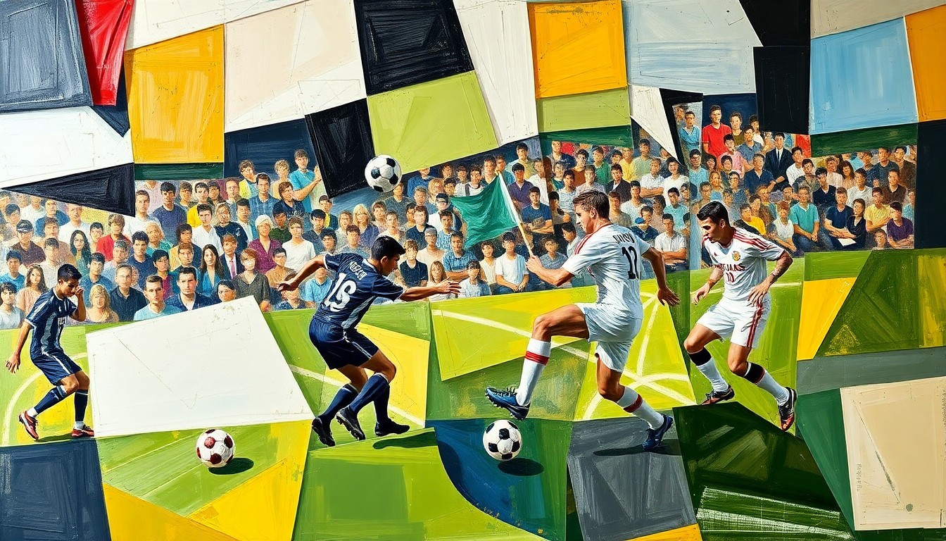 A fractured, multi-perspective painting featuring sharp, overlapping geometric planes that deconstruct a college soccer match into an abstract, cubist composition, capturing the dynamic energy and athleticism of the sport.