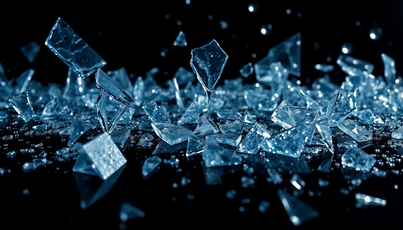 An abstract close-up image of shattered glass and glittering shards in dramatic, high-contrast lighting, conveying a sense of fragmentation and deterioration.