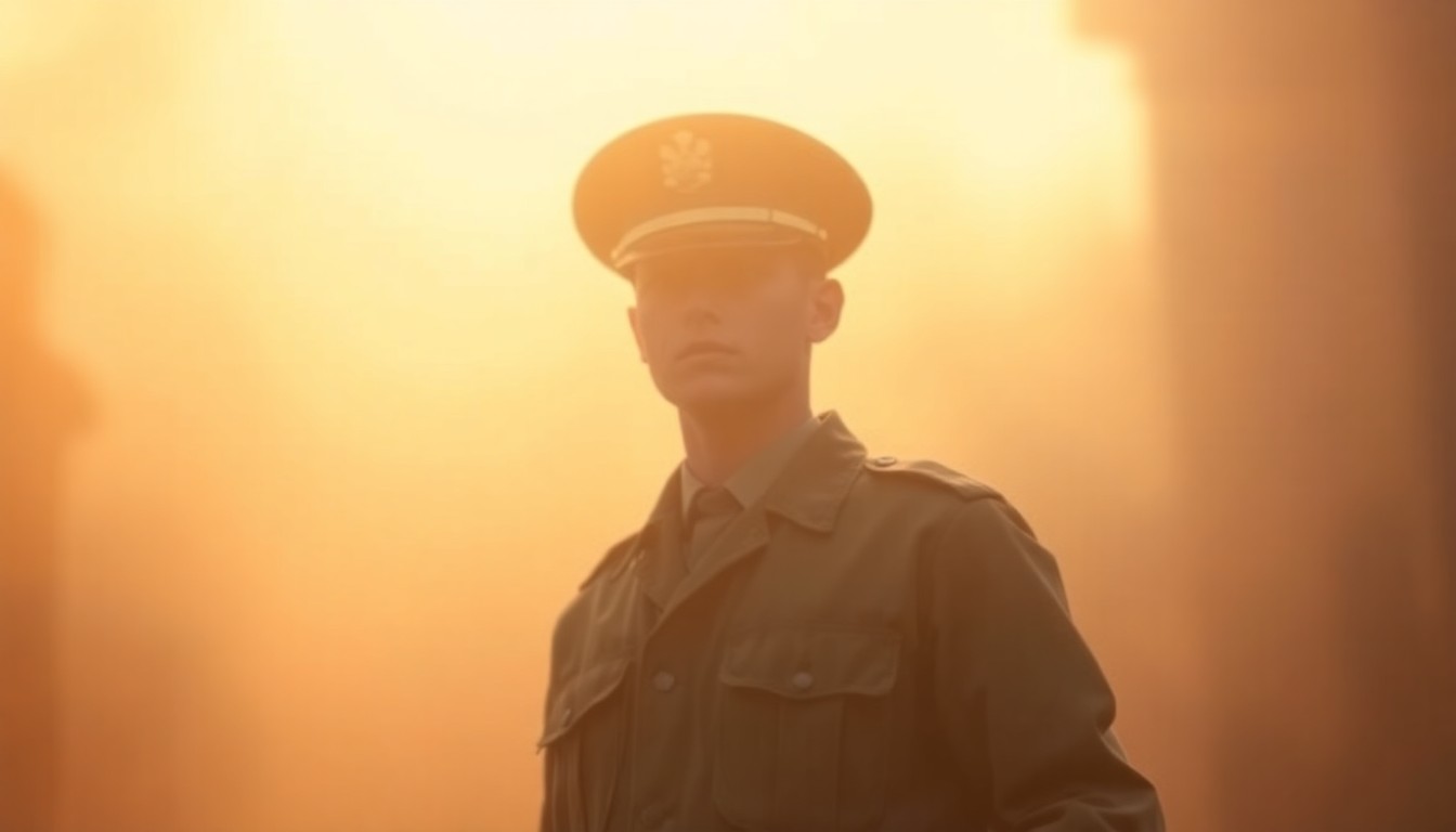 An extremely abstracted, out-of-focus photograph in warm, soft tones depicting a young man in a military uniform standing with pride, his face obscured by the bokeh effect, conceptually representing an inspirational story of overcoming obstacles.