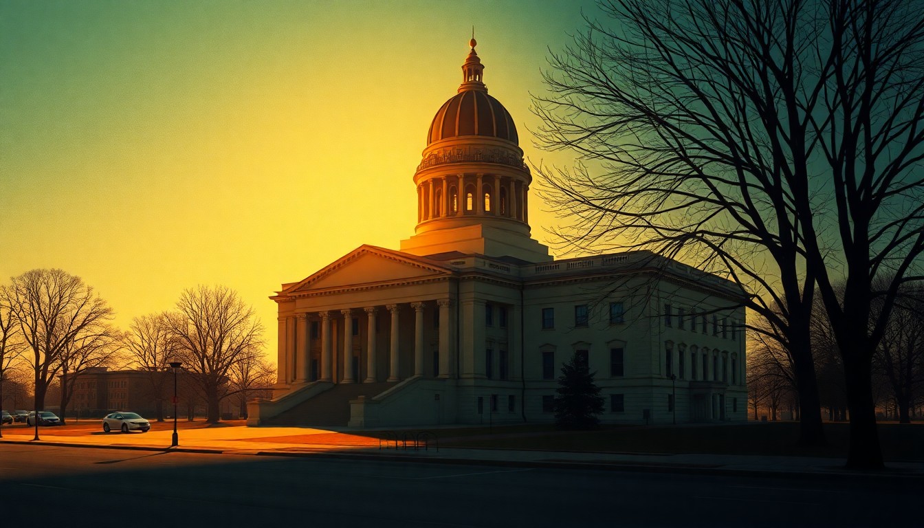 A serene, painterly image of an Iowa state government building in warm, golden light, conveying a sense of political nostalgia and the importance of local campaigning.