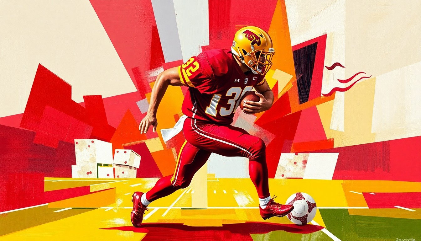 A cubist, geometric painting depicting a football player in mid-stride, with the ball and field breaking into sharp, overlapping planes of vibrant red and gold, conceptually representing the dynamic energy and momentum of a game-changing touchdown play.