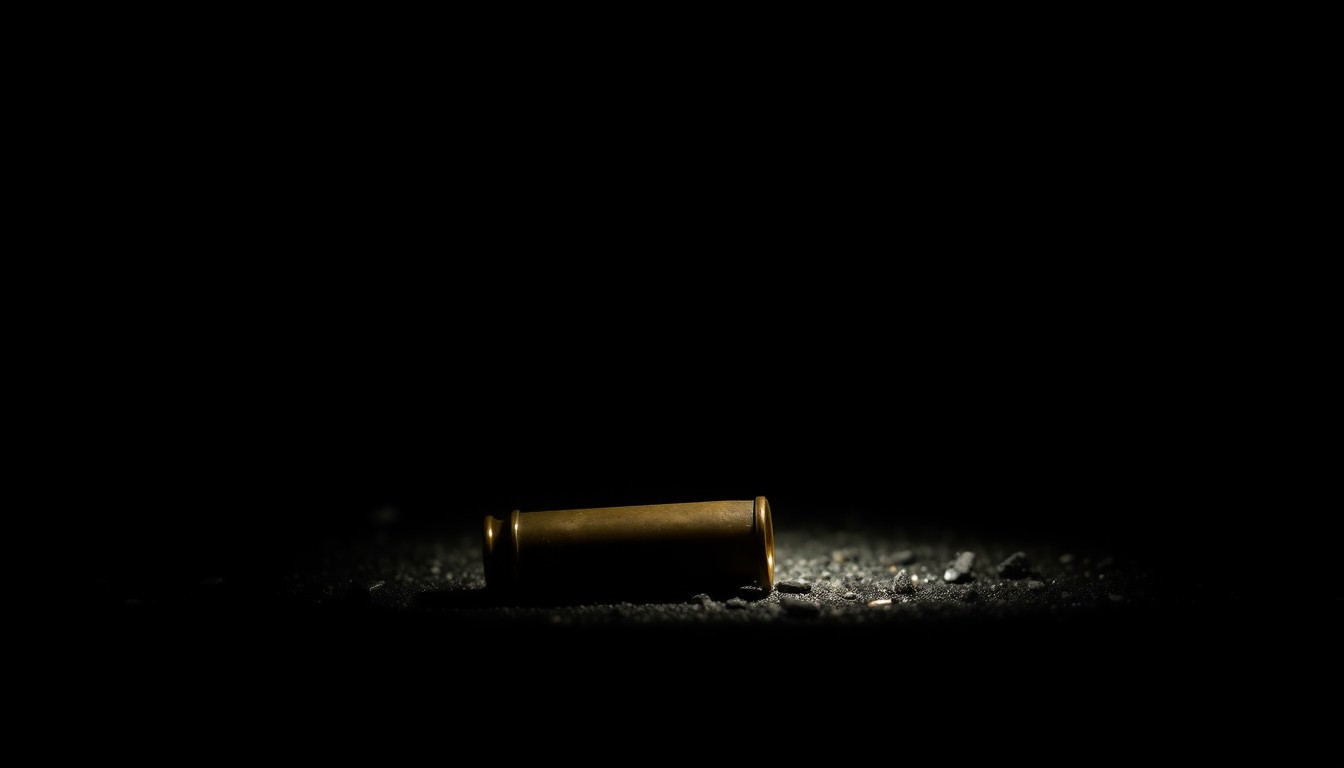 An extreme close-up photograph of a single spent shell casing on the ground, capturing the stark, gritty details and conceptually representing the aftermath of a deadly shooting incident.