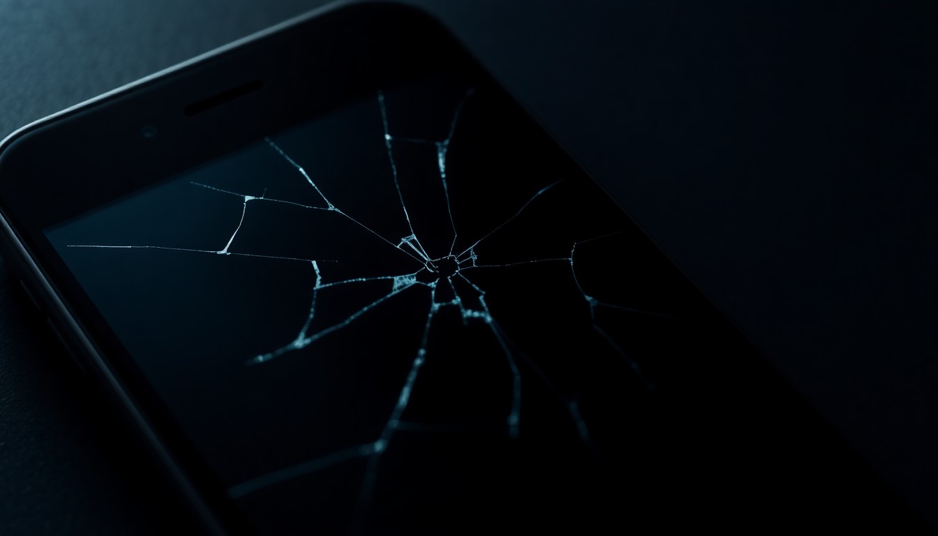 An extreme close-up photograph of a cracked smartphone screen, partially obscured by a dark shadow, conceptually representing the digital evidence of a predatory online crime.