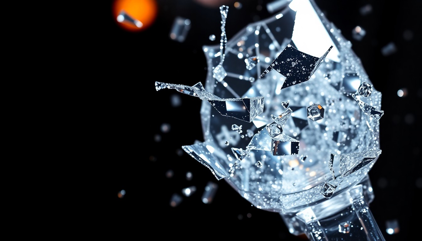 An extreme close-up photograph of the shattered, glittering surface of a glass trophy or award, conceptually representing the dramatic conclusion of Ken Jennings' historic 'Jeopardy!' winning streak.
