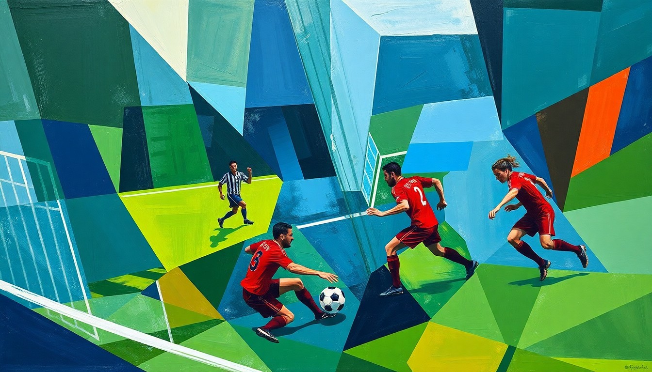 A cubist, geometric painting depicting the abstracted forms of soccer players in motion, using overlapping planes of deep blues, greens, and reds to capture the dynamic action of the sport.